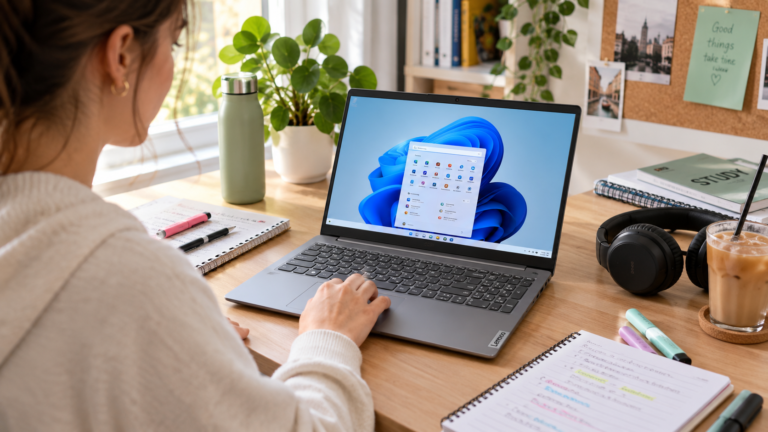 Student werkt op een Lenovo IdeaPad Slim 3 laptop aan een bureau.