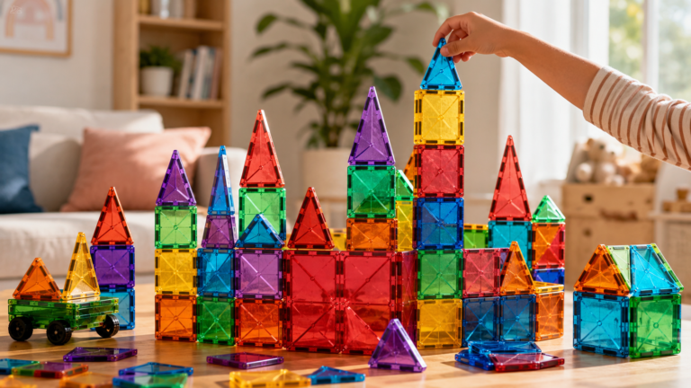 Kleurrijke MAGNA-TILES magnetische tegels waarmee een kind een bouwwerk maakt.